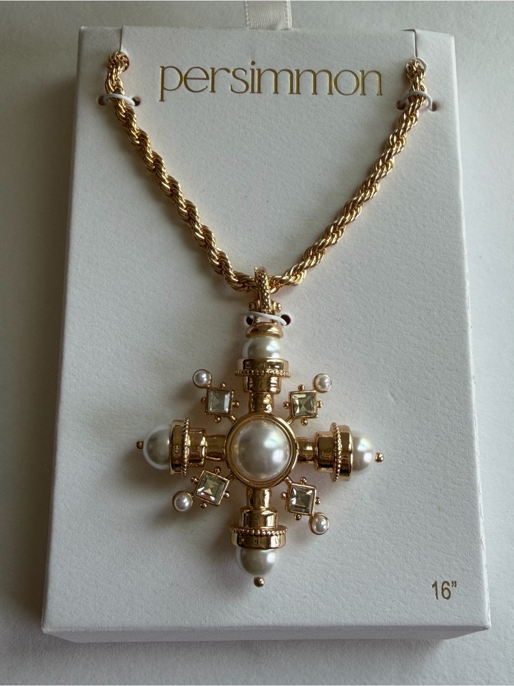 Persimmon Gold Tone Pearl Cross Pendant Necklace NWT
